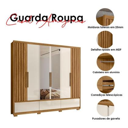 Imagem de Guarda Roupa Casal Ambiente Amazonas 6 Portas Freijó Off White com Espelho - Moval