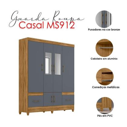 Imagem de Guarda Roupa Casal Ambiente MS912 com espelho e Cômoda MS913 Freijó Cinza  Moval