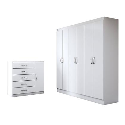 Imagem de Guarda-Roupa Casal Aurora 6 Portas 2 Gavetas com Cômoda 1 Portas 5 Gavetas Branco - Panorama Móveis