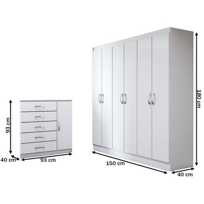 Imagem de Guarda-Roupa Casal Aurora 6 Portas 2 Gavetas com Cômoda 1 Portas 5 Gavetas Branco - Panorama Móveis