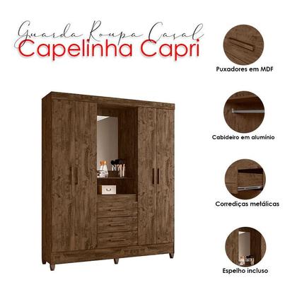 Imagem de Guarda Roupa Casal Capelinha Capri e Armário Multiuso New Íris Castanho Wood - Moval