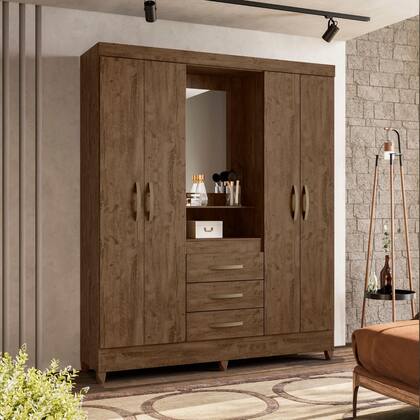 Imagem de Guarda Roupa Casal Capri Com Espelho 4 Portas Castanho Wood Moval
