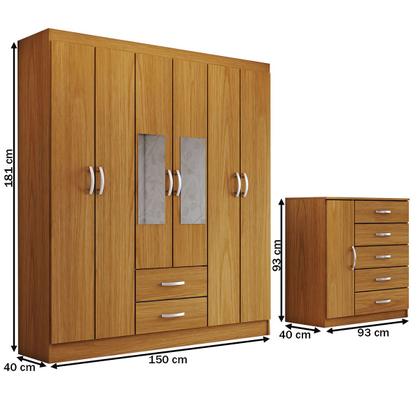 Imagem de Guarda-Roupa Casal Claire 6 Portas 2 Gavetas e Espelho com Cômoda 1 Porta 5 Gavetas Cinamomo - Panorama Móveis