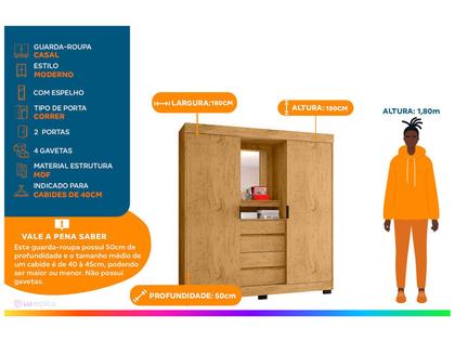 Imagem de Guarda-roupa Casal com Espelho 2 Portas de Correr 4 Gavetas Araplac Sintra CAP24024