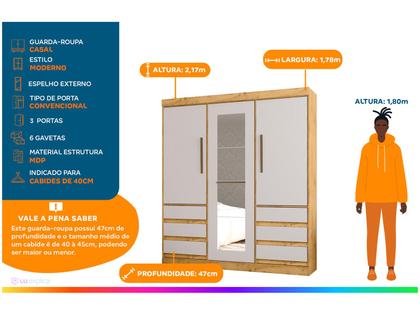 Imagem de Guarda-roupa Casal com Espelho 3 Portas 6 Gavetas Araplac Maiami