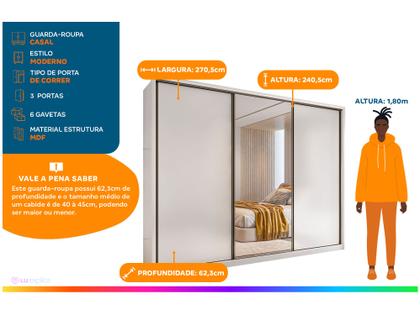 Imagem de Guarda-roupa Casal com Espelho 3 Portas 6 Gavetas Caemmun Spazio