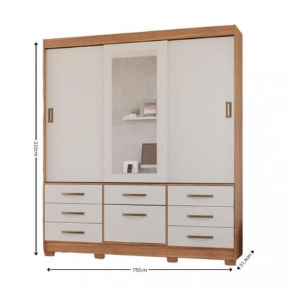 Imagem de Guarda Roupa Casal com Espelho 3 Portas 8 Gavetas com Pés em MDF Luiza Panan