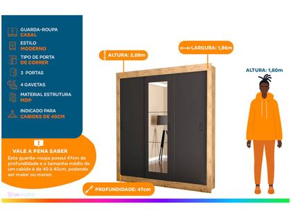 Imagem de Guarda-roupa Casal com Espelho 3 Portas de Correr Araplac Melissa Glass