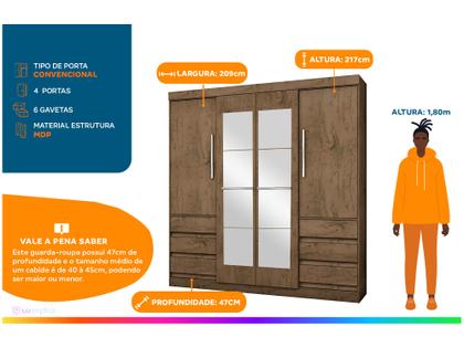 Imagem de Guarda-roupa Casal com Espelho 4 Portas 6 Gavetas Araplac Atraente Sofia
