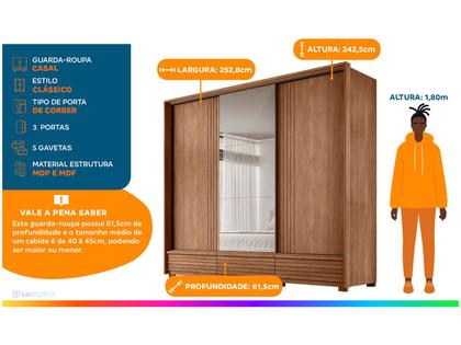 Imagem de Guarda-roupa Casal com Espelho 5 Gavetas 3 Portas de Correr Santos Andirá Democrata