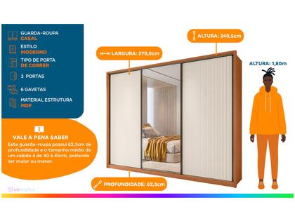Guarda-roupa Casal com Espelho 6 Gavetas 3 Portas de Correr Caemmun Spazio Imagem de Guarda-roupa Casal com Espelho 6 Gavetas 3 Portas de Correr Caemmun Spazio