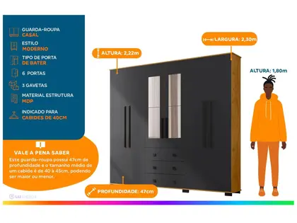 Imagem de Guarda-roupa Casal com Espelho 6 Portas Araplac Malu