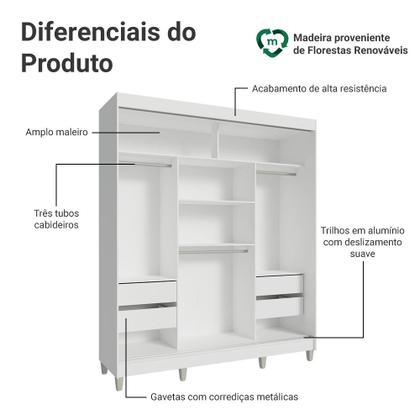 Imagem de Guarda-Roupa Casal com Pés 3 Portas de Correr com Espelho Branco Reno Madesa