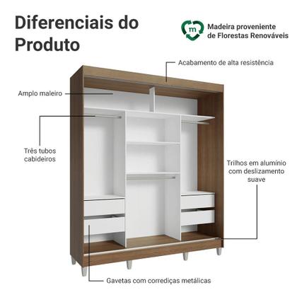 Imagem de Guarda-Roupa Casal com Pés 3 Portas de Correr com Espelho Rustic/Branco Reno Madesa