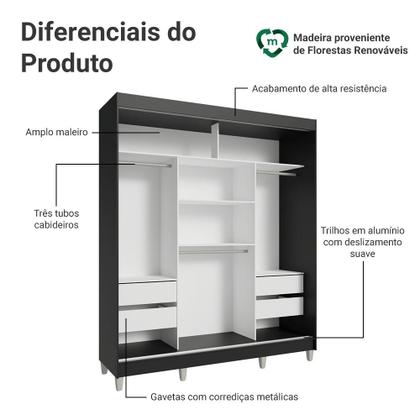 Imagem de Guarda-Roupa Casal com Pés 3 Portas de Correr com Espelhos Preto/Rustic Reno Madesa