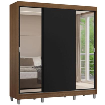 Imagem de Guarda-Roupa Casal com Pés 3 Portas de Correr com Espelhos Rustic/Preto Reno Madesa
