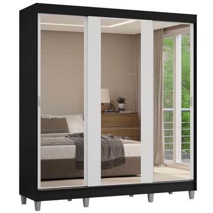Imagem de Guarda-Roupa Casal com Pés 3 Portas de Correr de Espelho Preto/Branco Reno Madesa