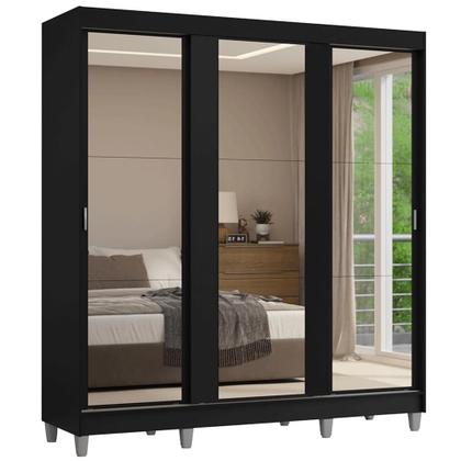 Imagem de Guarda-Roupa Casal com Pés 3 Portas de Correr de Espelho Preto Reno Madesa
