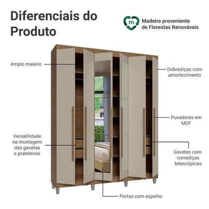 Imagem de Guarda-roupa Casal Com Pés 6 Portas Batentes Com Espelho Rustic-crema-rustic Venus Madesa