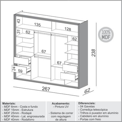 Imagem de Guarda Roupa Casal com Porta de Correr 267x238cm Off White Dalla Costa