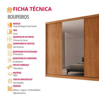 Imagem de Guarda Roupa Casal Connor MDF 3 Portas e 6 Cabideiros com Espelho Moderna Mobília