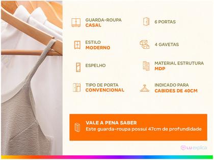 Imagem de Guarda-Roupa Casal Demóbile Guarujá 6 portas 4 gavetas com espelho e pés Amendola Touch Off White 140
