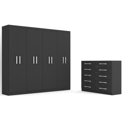 Imagem de Guarda-Roupa Casal Ele e Ela 8 Portas 8 Prateleiras e Cômoda 10 Gavetas Preto - Panorama Móveis