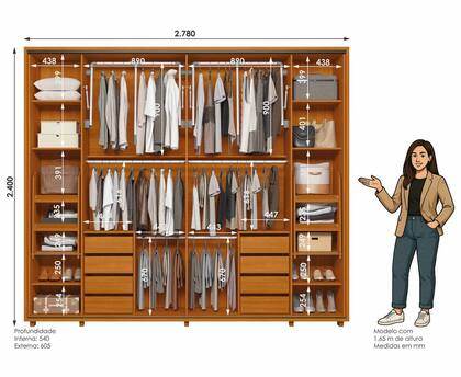 Imagem de Guarda Roupa Casal Grande 2 Portas de Correr com 1 Espelho 100% MDF Dalí 278cm Madetec Cor:Cinamomo