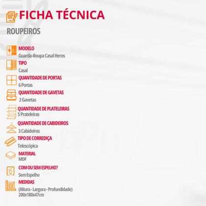 Imagem de Guarda Roupa Casal Heros 6 Portas e 2 Gavetas MDF Moderna