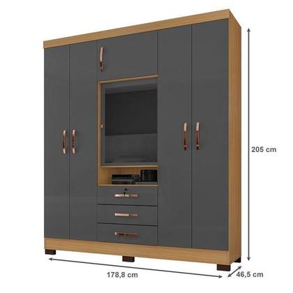 Imagem de Guarda Roupa Casal Imperial e Cômoda Sapateira Cannes com Armário Multiuso Versatile Carvalho Americano Grafite  Incorplac