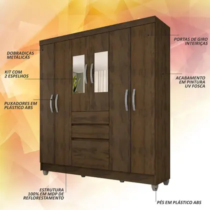 Imagem de Guarda Roupa Casal Lia 6 Portas C/espelho Capuccino - Móveis Arapongas