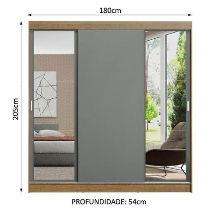 Imagem de Guarda-Roupa Casal Madesa Reno 3 Portas de Correr com Espelhos - Rustic/Cinza