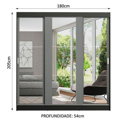 Imagem de Guarda-Roupa Casal Madesa Reno 3 Portas de Correr de Espelho - Preto/Cinza