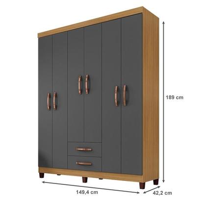 Imagem de Guarda Roupa Casal Modena 6 Portas com Cômoda Madri e Armário Multiuso Versatile 2 Portas com Chave Carvalho Americano Grafite - Incorplac