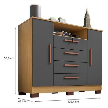 Imagem de Guarda Roupa Casal Modena 6 Portas com Cômoda Madri e Armário Multiuso Versatile 2 Portas com Chave Carvalho Americano Grafite - Incorplac