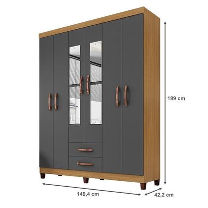Imagem de Guarda Roupa Casal Modena com Espelho 6 Portas e Armário Multiuso Versatile Carvalho Americano Grafite  Incorplac