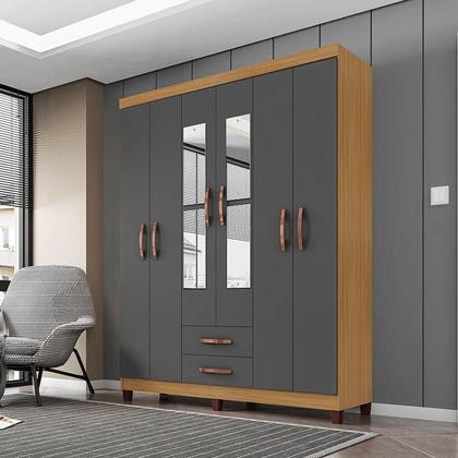 Imagem de Guarda Roupa Casal Modena com Espelho 6 Portas e Armário Multiuso Versatile Carvalho Americano Grafite  Incorplac