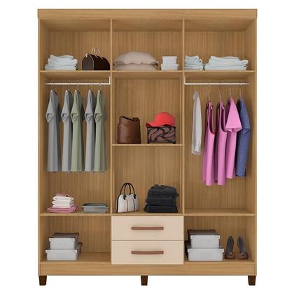 Imagem de Guarda Roupa Casal Modena com Espelho 6 Portas e Cômoda Sapateira Cannes com Armário Multiuso Versatile Carvalho Americano Off White  Incorplac