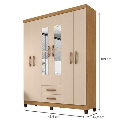 Imagem de Guarda Roupa Casal Modena com Espelho 6 Portas e Cômoda Sapateira Cannes com Armário Multiuso Versatile Carvalho Americano Off White  Incorplac