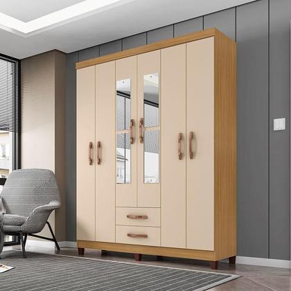 Imagem de Guarda Roupa Casal Modena com Espelho 6 Portas e Cômoda Sapateira Cannes com Armário Multiuso Versatile Carvalho Americano Off White  Incorplac