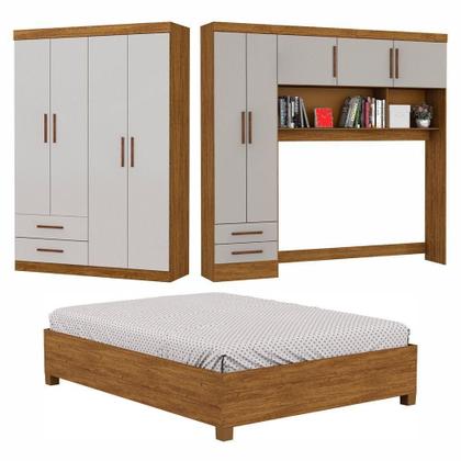 Imagem de Guarda Roupa Casal Modulado 5 Portas com Cama Hercules 4 Portas 4 Gavetas Cinamomo com Off White