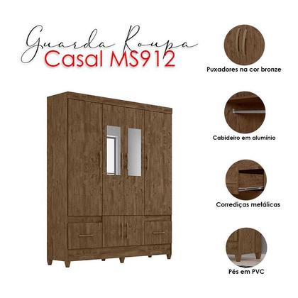 Imagem de Guarda Roupa Casal MS912 com espelho e Cômoda Vênus com pés Castanho Wood  Moval