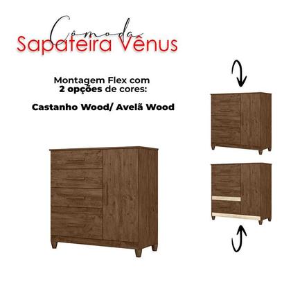 Imagem de Guarda Roupa Casal MS912 com espelho e Cômoda Vênus com pés Castanho Wood  Moval