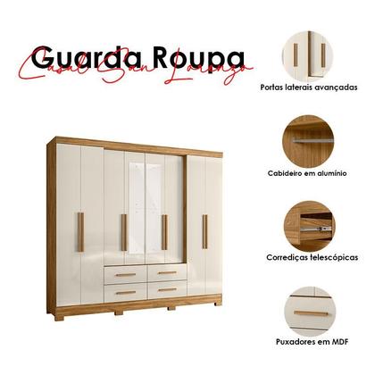 Imagem de Guarda Roupa Casal San Lorenzo com Espelho e Cômoda MS913 Freijó Off White  Moval