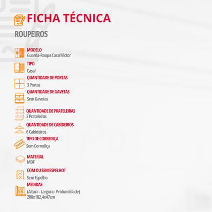 Imagem de Guarda Roupa Casal Vitor em MDF com 3 Portas e 6 Cabideiros Moderna