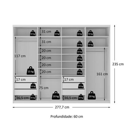 Imagem de Guarda-roupa Closet Casal 100% Mdf Bp 277,7cm com 1 Porta Espelho 6 Gavetas Sion