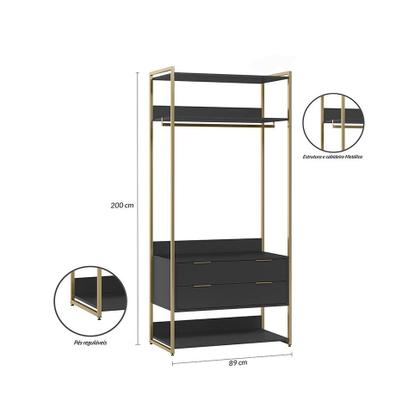 Imagem de Guarda-Roupa Closet Industrial Mital 1 PT 6 GV Preto e Dourado