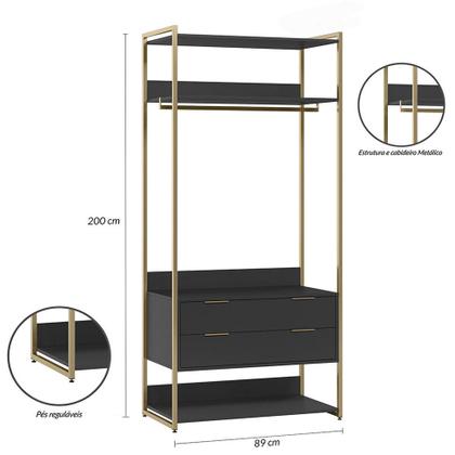 Guarda-Roupa Closet Industrial Mital 4 GV Preto e Dourado 178 cm - Mobly Imagem de Guarda-Roupa Closet Industrial Mital 4 GV Preto e Dourado 178 cm