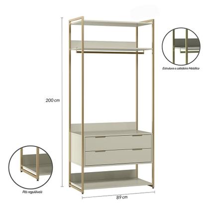 Imagem de Guarda-Roupa Closet Industrial Mital com Cabideiro 2 GV Off White e Dourado