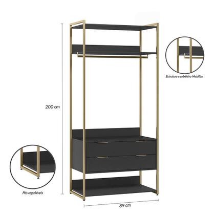Imagem de Guarda-Roupa Closet Industrial Mital com Cabideiro 2 GV Preto e Dourado